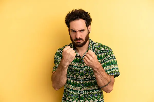 Young Adult Bearded Man Looking Confident Angry Strong Aggressive Fists — Stock Photo, Image
