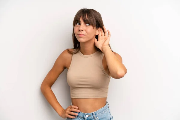 Hispanic Pretty Woman Smiling Looking Curiously Side Trying Listen Gossip — Stock Photo, Image