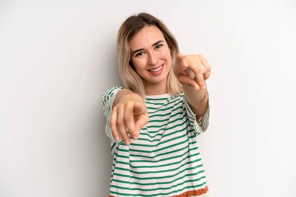 Young Adult Blonde Woman Feeling Happy Confident Pointing Camera Both — Stok fotoğraf