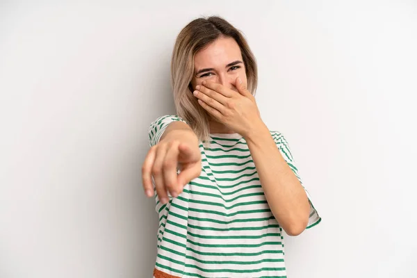 Young Adult Blonde Woman Laughing You Pointing Camera Making Fun — Stok fotoğraf