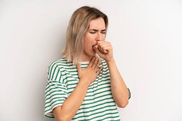 Young Adult Blonde Woman Feeling Ill Sore Throat Flu Symptoms — Fotografia de Stock