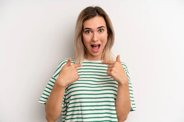 Young Adult Blonde Woman Feeling Happy Surprised Proud Pointing Self — Stockfoto