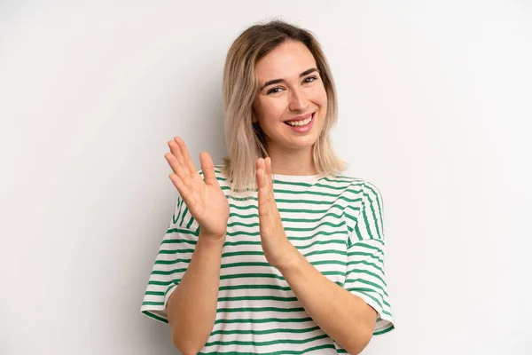 Young Adult Blonde Woman Feeling Happy Successful Smiling Clapping Hands — Zdjęcie stockowe