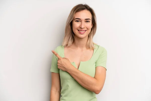 Young Adult Blonde Woman Smiling Cheerfully Feeling Happy Pointing Side — Stock Photo, Image
