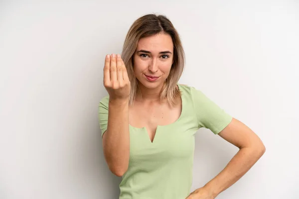 Young Adult Blonde Woman Making Capice Money Gesture Telling You — Stockfoto