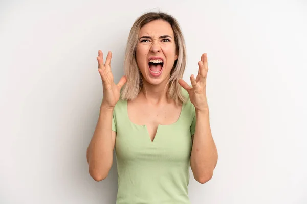 Young Adult Blonde Woman Furiously Screaming Feeling Stressed Annoyed Hands —  Fotos de Stock