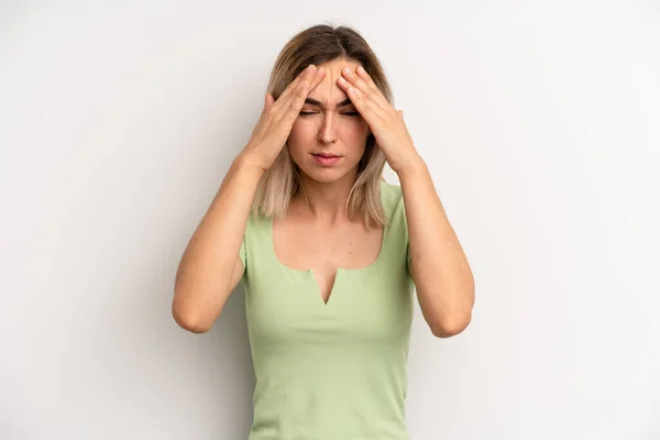 Young Adult Blonde Woman Looking Stressed Frustrated Working Pressure Headache — Stockfoto