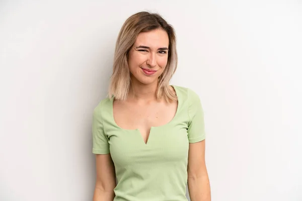 Young Adult Blonde Woman Looking Happy Friendly Smiling Winking Eye — Photo