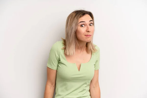 Young Adult Blonde Woman Goofy Crazy Surprised Expression Puffing Cheeks — Fotografia de Stock