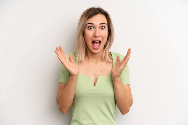Young Adult Blonde Woman Looking Happy Excited Shocked Unexpected Surprise —  Fotos de Stock