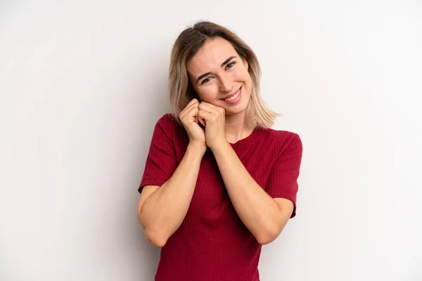 Young Adult Blonde Woman Feeling Love Looking Cute Adorable Happy — Stock Photo, Image