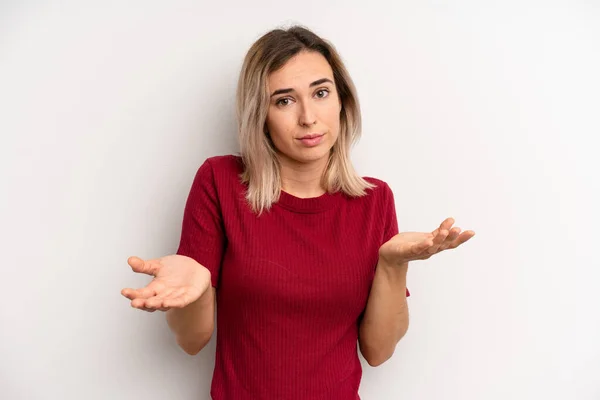 Young Adult Blonde Woman Feeling Puzzled Confused Unsure Correct Answer — ストック写真