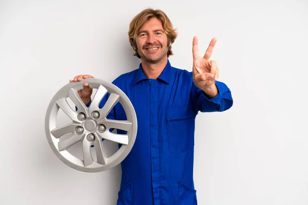 Adult Blond Man Smiling Looking Happy Gesturing Victory Peace Car — Stock Photo, Image