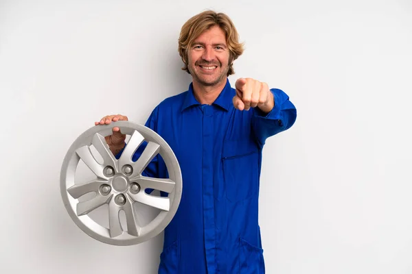 Adult Blond Man Pointing Camera Choosing You Car Mechanic Concept — Photo