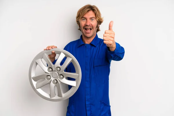 Adult Blond Man Feeling Proud Smiling Positively Thumbs Car Mechanic — Photo