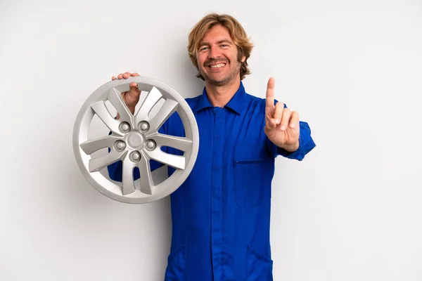 Adult Blond Man Smiling Proudly Confidently Making Number One Car — Photo