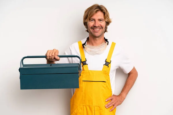 Adult Blond Man Smiling Happily Hand Hip Confident Repairman Toolbox — Stock Photo, Image