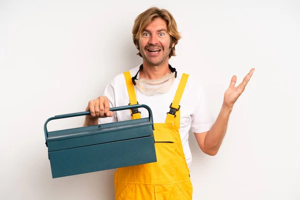 Adult Blond Man Feeling Happy Astonished Something Unbelievable Repairman Toolbox — Stock Photo, Image