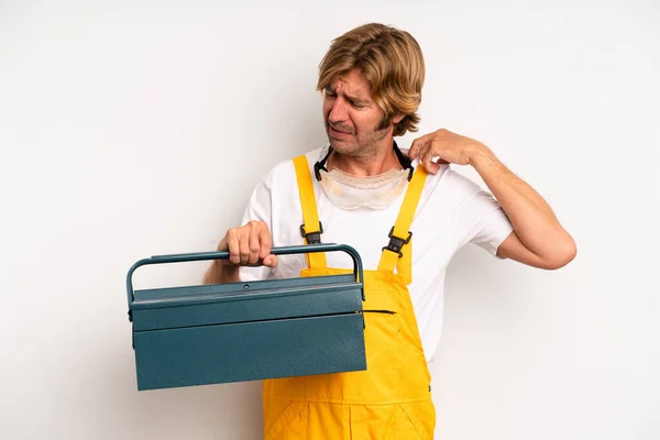 Adult Blond Man Feeling Stressed Anxious Tired Frustrated Repairman Toolbox — Stockfoto