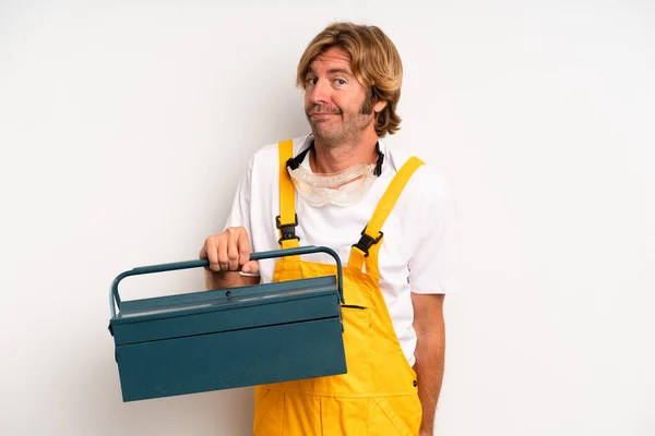 Adult Blond Man Shrugging Feeling Confused Uncertain Repairman Toolbox Concept — Stockfoto