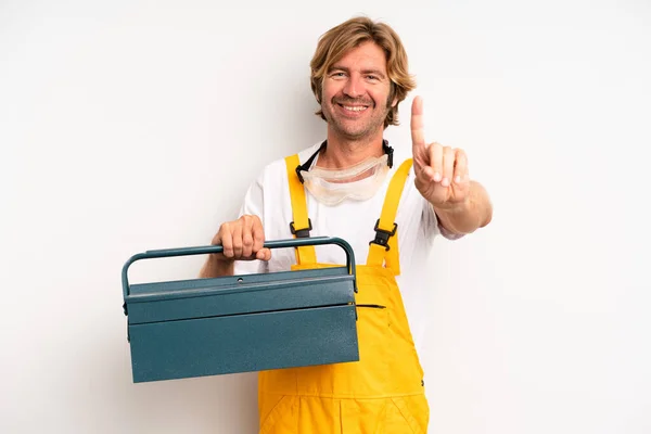 Adult Blond Man Smiling Proudly Confidently Making Number One Repairman — Stockfoto