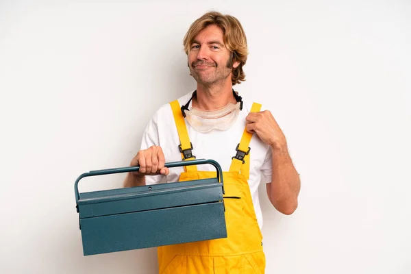 Adult Blond Man Looking Arrogant Successful Positive Proud Repairman Toolbox — Stockfoto