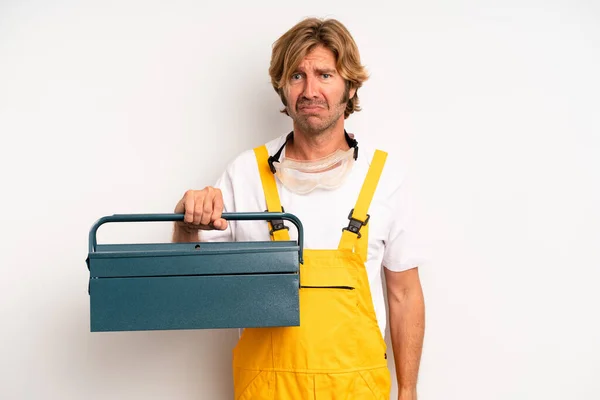 Adult Blond Man Feeling Sad Whiney Unhappy Look Crying Repairman — Stockfoto