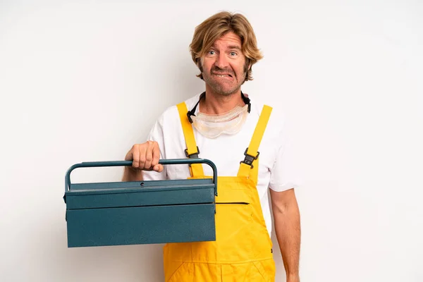 Adult Blond Man Looking Puzzled Confused Repairman Toolbox Concept — Stock Photo, Image