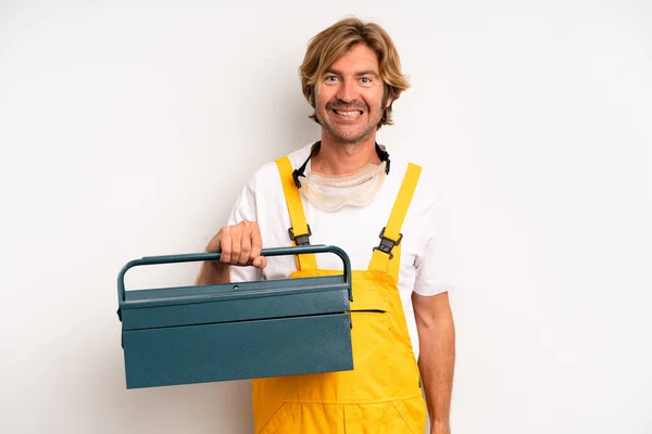 Adult Blond Man Looking Happy Pleasantly Surprised Repairman Toolbox Concept — Stockfoto