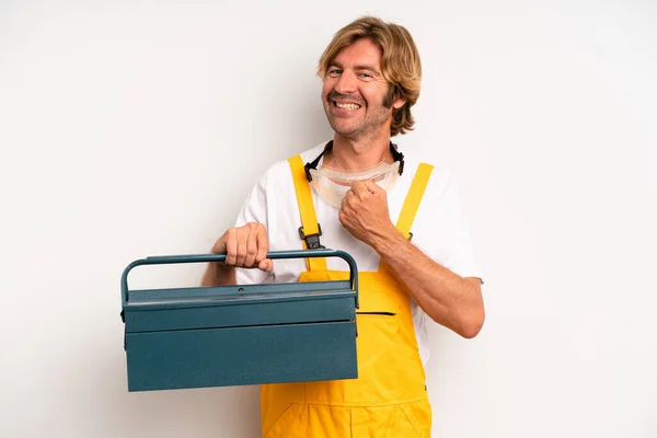 Adult Blond Man Feeling Happy Facing Challenge Celebrating Repairman Toolbox — Zdjęcie stockowe