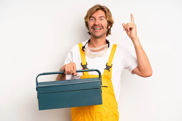 Adult Blond Man Feeling Happy Excited Genius Realizing Idea Repairman — Stockfoto