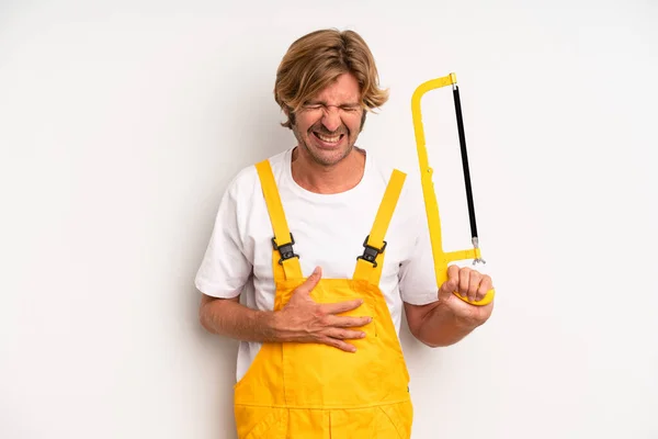 Adult Blond Man Laughing Out Loud Some Hilarious Joke Handyman — Stockfoto