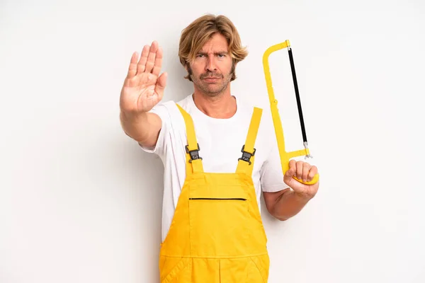 Adult Blond Man Looking Serious Showing Open Palm Making Stop — Stock Photo, Image