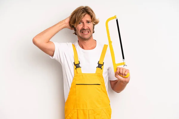 Adult Blond Man Feeling Stressed Anxious Scared Hands Head Handyman — Stockfoto