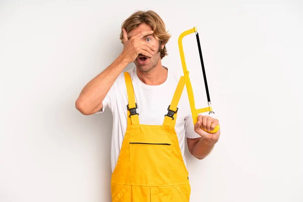 Adult Blond Man Looking Shocked Scared Terrified Covering Face Hand — Stockfoto