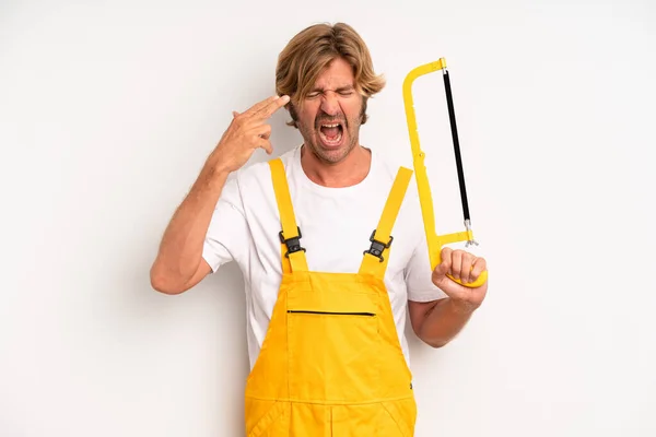 Adult Blond Man Looking Unhappy Stressed Suicide Gesture Making Gun — Stockfoto