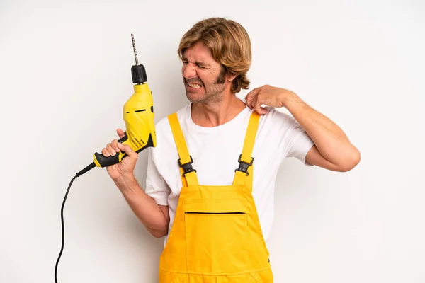 Adult Blond Man Feeling Stressed Anxious Tired Frustrated Handyman Drill — Stockfoto