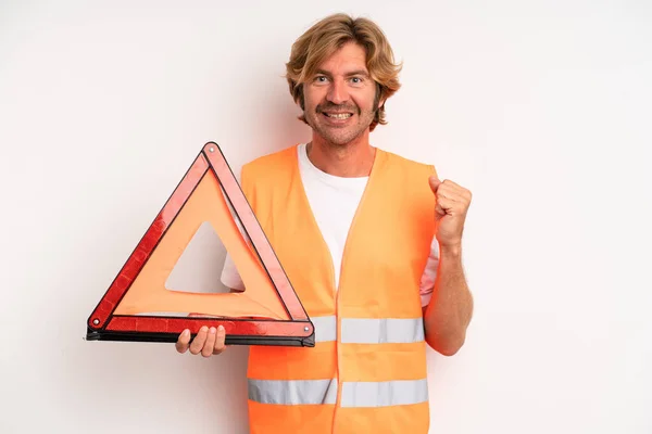 Adult Blond Man Feeling Shocked Laughing Celebrating Success Car Emergency — Stockfoto