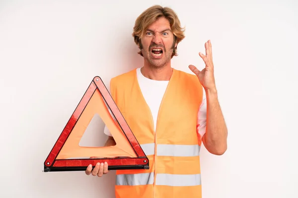 Adult Blond Man Screaming Hands Air Car Emergency Concept — Stock Photo, Image