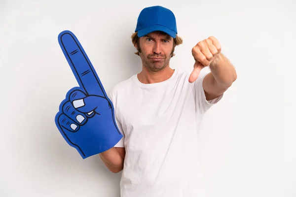 Adult Blond Man Feeling Cross Showing Thumbs Number One Hand — Stockfoto