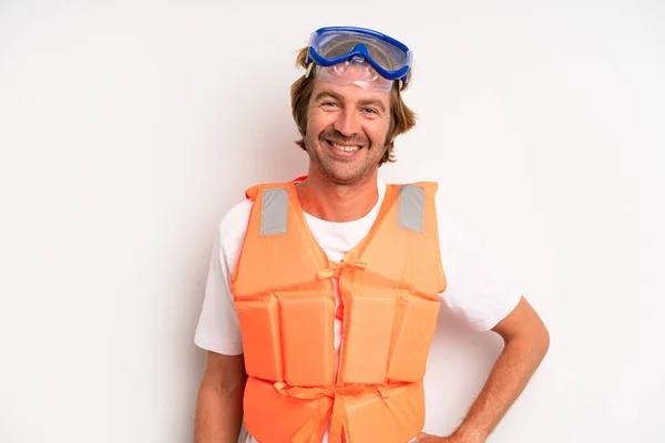 Adult Blond Man Smiling Happily Hand Hip Confident Life Jacket — Photo