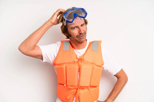 Adult Blond Man Feeling Puzzled Confused Scratching Head Life Jacket — Photo