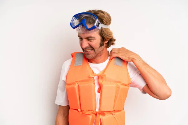 Adult Blond Man Feeling Stressed Anxious Tired Frustrated Life Jacket — Photo