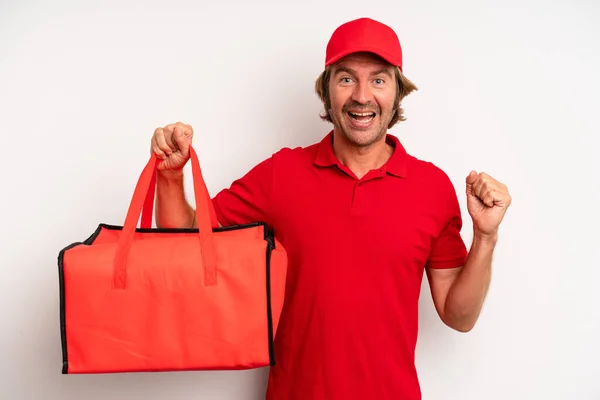 Adult Blond Man Feeling Shocked Laughing Celebrating Success Pizza Delivery — Stok fotoğraf