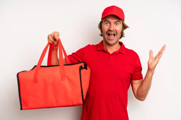 Adult Blond Man Feeling Happy Astonished Something Unbelievable Pizza Delivery — Stockfoto