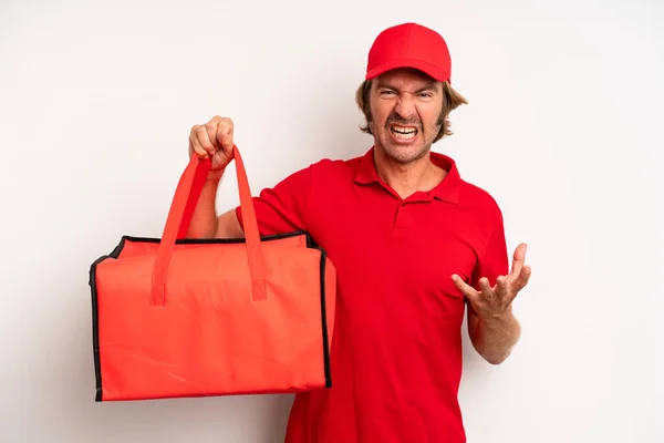 Adult Blond Man Looking Angry Annoyed Frustrated Pizza Delivery Concept — Stok fotoğraf