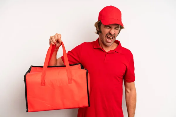 Adult Blond Man Shouting Aggressively Looking Very Angry Pizza Delivery — Stok fotoğraf