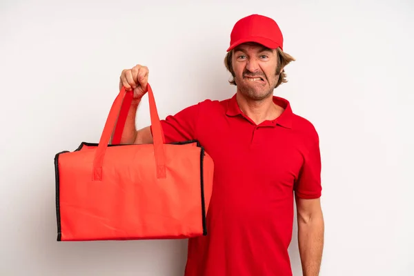 Adult Blond Man Looking Puzzled Confused Pizza Delivery Concept — Stok fotoğraf