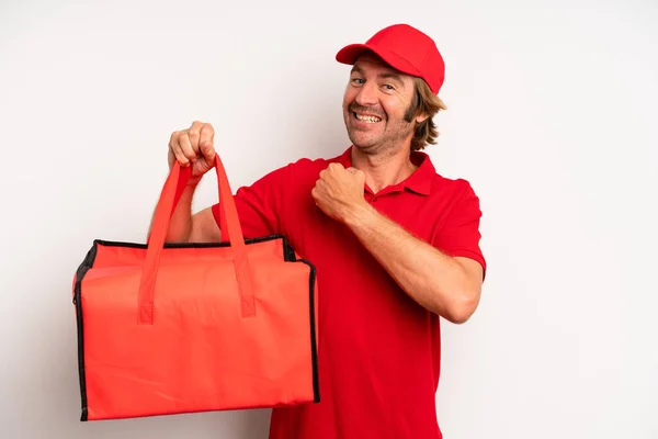 Adult Blond Man Feeling Happy Facing Challenge Celebrating Pizza Delivery — Stockfoto