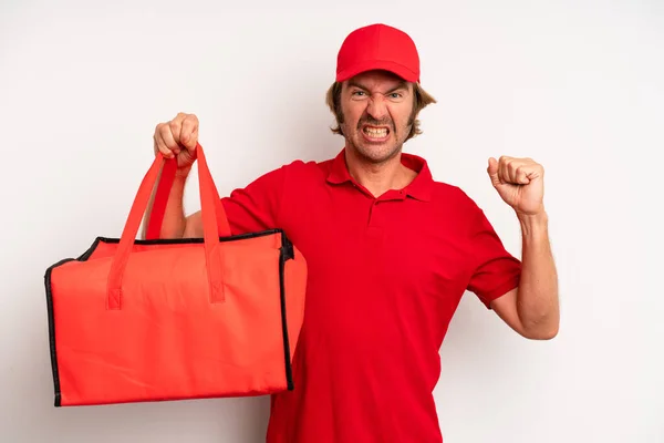 Adult Blond Man Shouting Aggressively Angry Expression Pizza Delivery Concept — Stok fotoğraf